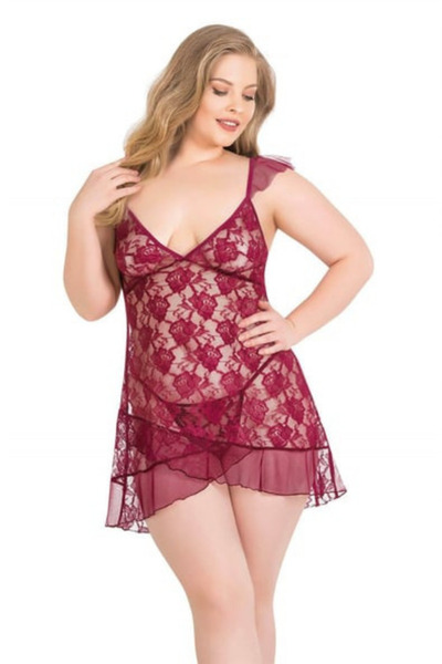 Bleu Petite Plus Size Flower Pattern Women's Tulle Nightgown Panty Set