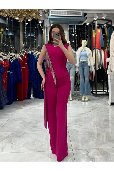 Zoe Zoe Tereza Side Tied Chain Stone Detailed Jumpsuit-Sax Blue