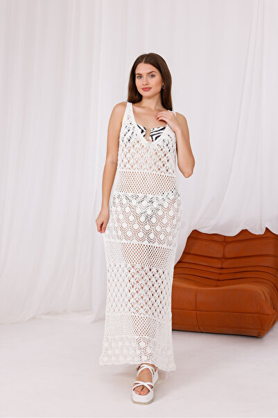 DEHA textile Ekru Straped Openwork Summer Knit Dress