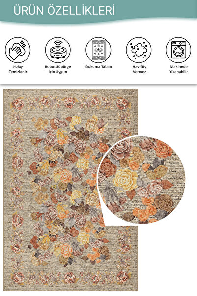 ARTLOOP Florart Bej / Sarı Vintage Dokulu Çiçek Desenli Dokuma Tabanlı Şönil Halı AL 471