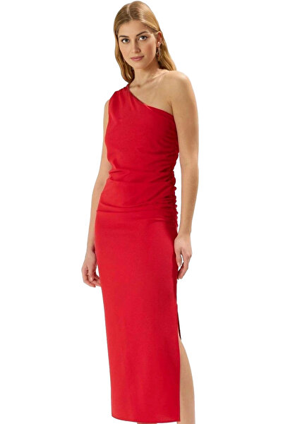 PayBuy Women's One Shoulder Midi Dress Gathered Detail Soft Crepe Fabric Daily and Special Occasions Modern Design