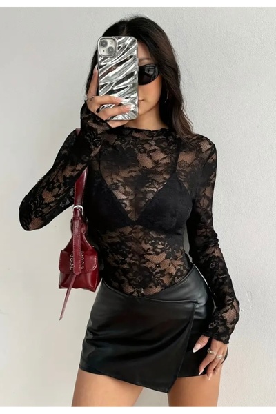 Belle Jasmin dantel yuvarlak yaka şık bluz