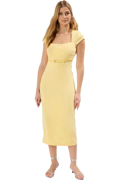 PayBuy Rochie midi de damă cu centură guler pătrat mâneci scurte țesătură țesătură Material durabil pentru afaceri și zilnic