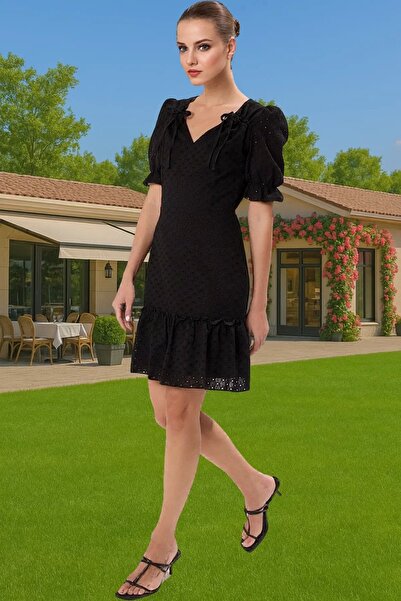 PayBuy Γυναικείο μίνι φόρεμα με κέντημα σε γραμμή Α με κοντό μανίκι με λαιμόκοψη V, καλοκαιρινό καθημερινό, απαραίτητο για το καλοκαίρι