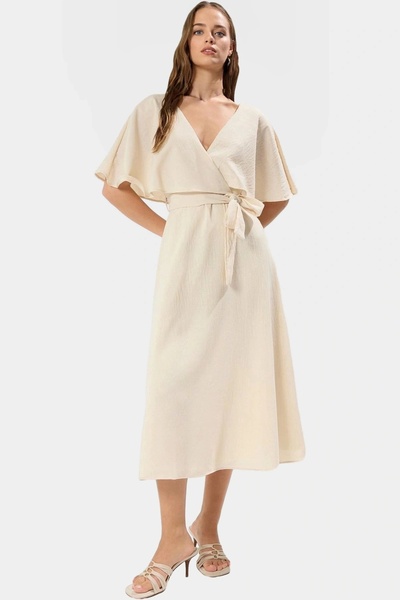 PayBuy Women's Linen Look Midi Dress Cape Detail A-Line Comfortable Casual Summer Indispensable
