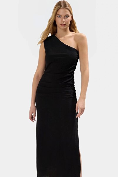 PayBuy Women's One Shoulder Midi Dress Gathered Detail Soft Crepe Fabric Daily and Special Occasions Modern Design