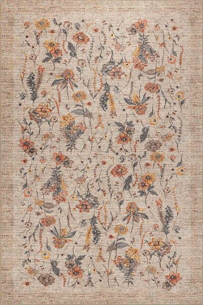 ARTLOOP Florart Bej / Turuncu Vintage Dokulu Çiçek Desenli Dokuma Tabanlı Şönil Halı AL 470