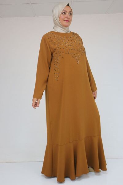 Eslina 52025 Plus Size Skirt Flounce Stone Detailed Dress - Tan