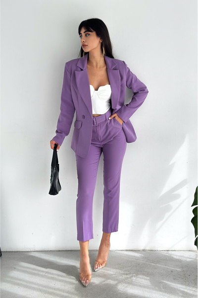 diaves Purple Double Breasted Blazer Jacket Carrot Pants Suit