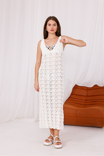 DEHA textile Ekru Straped Openwork Summer Knit Dress