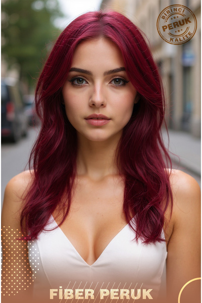 KONAK PERUK Katlı Kesim Perçemli Orta Boy Düz Fiber Sentetik Peruk - Kızıl