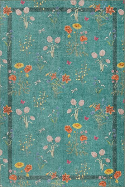 ARTLOOP Florart Turkuaz / Turuncu Doğa Temalı Çiçekli Dokuma Tabanlı Modern Şönil Halı AL 491