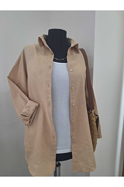 elnabutik Vizon / Krem Renk Oversize Keten Gömlek