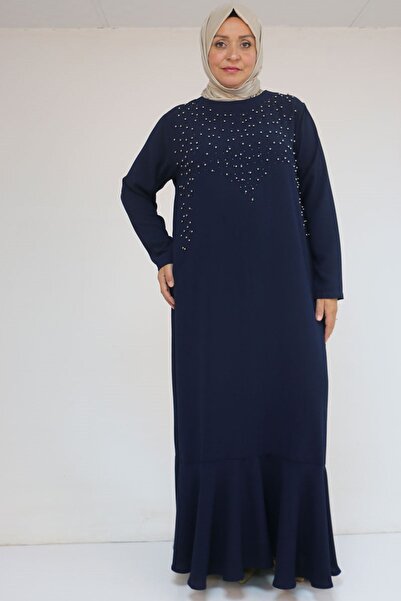Eslina 52025 Plus Size Skirt Flounce Stone Detailed Dress - Navy Blue