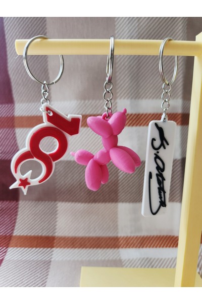 altindals. 100 عام، ك.أتاتورك، مجموعة سلسلة مفاتيح من 3 قطع على شكل كلب بالون، طباعة ثلاثية الأبعاد، بلاستيك PLA، تتضمن سلسلة