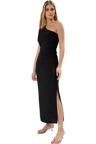 PayBuy Women's One Shoulder Midi Dress Gathered Detail Soft Crepe Fabric Daily and Special Occasions Modern Design