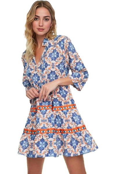 PayBuy Γυναικείο μίνι έθνικ μοτίβο βαμβακερό φόρεμα παραλίας με μπαλόνι μανίκ...