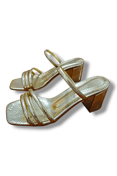BARONES SHOES Women's Gold Color Thick Heeled Mirror Slippers
