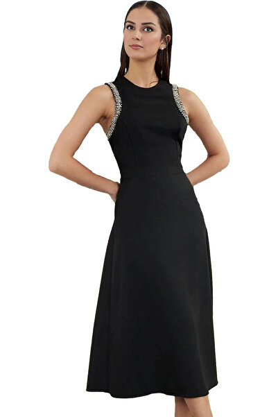 PayBuy Γυναικείο βραδινό φόρεμα Midi σε γραμμή Α με πέτρινη λεπτομέρεια Μοντέ...