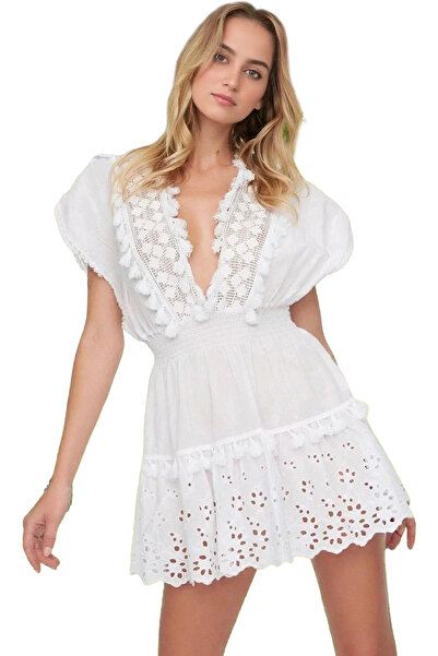 PayBuy Kadın Mini Plaj Elbisesi V Yaka Brode Detaylı Pamuk Yazlık Günlük Kull...