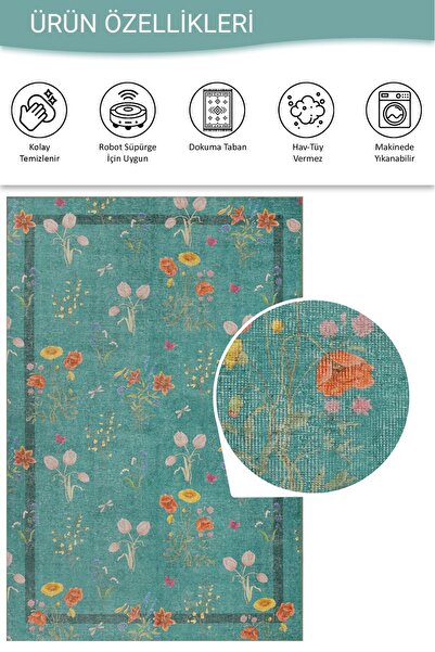 ARTLOOP Florart Turkuaz / Turuncu Doğa Temalı Çiçekli Dokuma Tabanlı Modern Şönil Halı AL 491