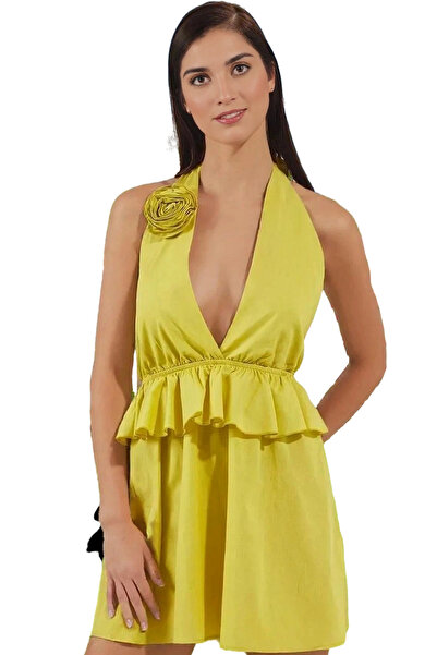 PayBuy Γυναικείο Μίνι Φόρεμα V λαιμόκοψη με βολάν τριαντάφυλλο απλικέ βαμβακε...