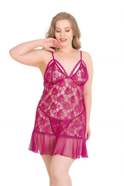 Bleu Petite Plus Size Flower Pattern Women's Tulle Nightgown Panty Set