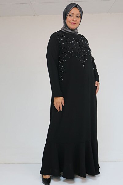 Eslina 52025 Plus Size Dress with Flared Hem and Stone Detail - Black