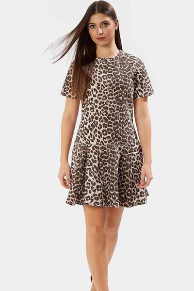 PayBuy Women's Mini Denim Dress Leopard Print Ruffled Hem Cotton Summer Must-Have for Summer