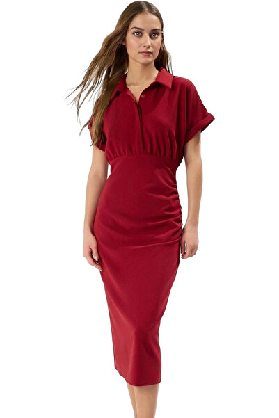 PayBuy Women's Midi Length Bodycon Dress Shirt Collar Short Sleeve Stork Wove...