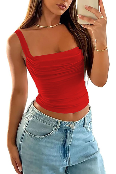 World Fashion Trends Wft3036B Red Crop Blouse with Gathered Front and Straps