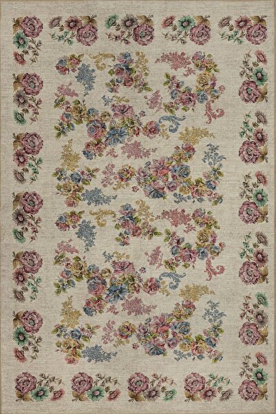 ARTLOOP Florart Krem / Çok Renkli Vintage Dokulu Doğa Temalı Çiçekli Dokuma Tabanlı Şönil Halı AL 489