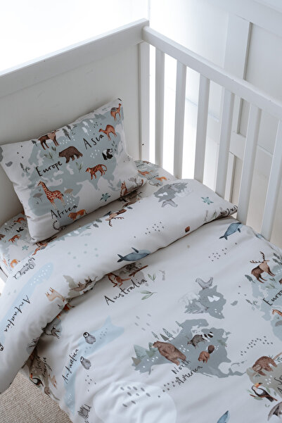 NOU طقم غطاء لحاف سرير بارك مع ملاءات عضوية Animal Map (80X120 - 35x45 - 70x1...