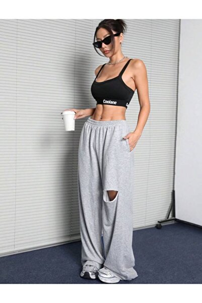 Le Vion Gri Kadın Bol Paça Dizi Yırtık Eşofman Altı Esnek Rahat Bol Kesim