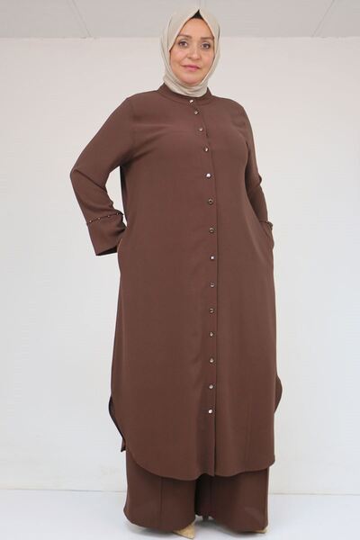 Eslina 57053 Large Size Crepe Suit with Skirt and Oval Trousers - Brown