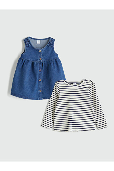 LC Waikiki Indigo Kız Bebek Jean Elbise Ve Tişört
