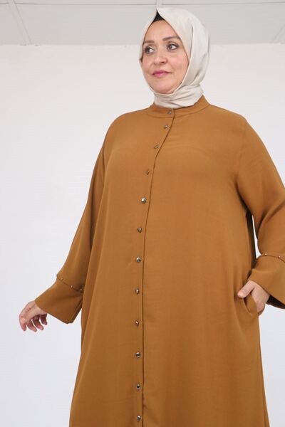 Eslina 57053 Large Size Crepe Suit with Skirt and Oval Trousers - Tan