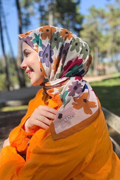 Sultan Eşarp وشاح سلطان من القطن الطازج - زهور طائرة - SFE009-10