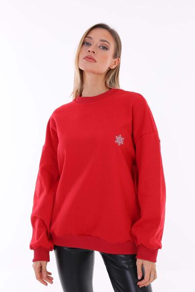 Pisa Art Red Snowflake Embroidered Basic Oversize Women's Sweatshirt with Fleece Inside