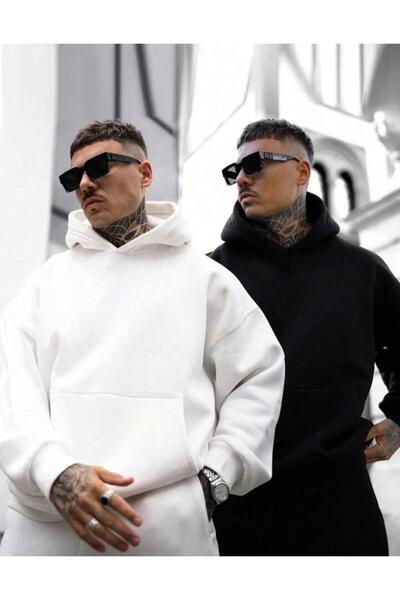 Pisa Art Men's Black and White Double Oversize Hooded Sweatshirt