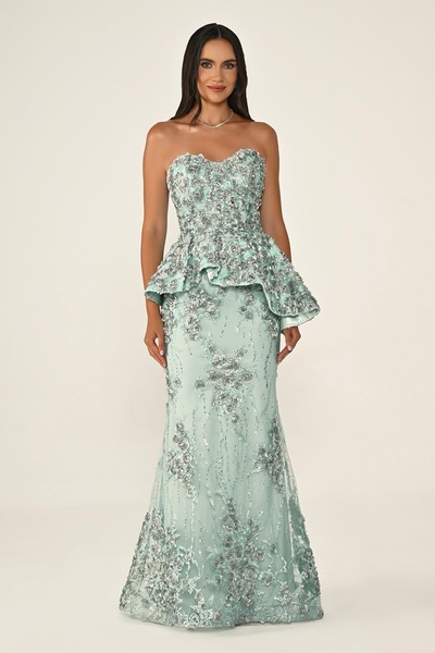 ALFABETA KADIN ABİYE STRAPLEZ BELDEN VOLANLI 3 BOYUTLU ÇİÇEKLİ AKSESUARLI UZU...