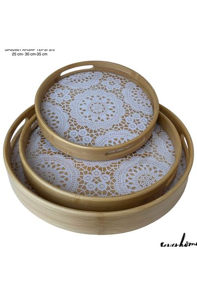 SepetBudur 3-Piece Round Wooden Tray Royaleks-SVR-GR92661