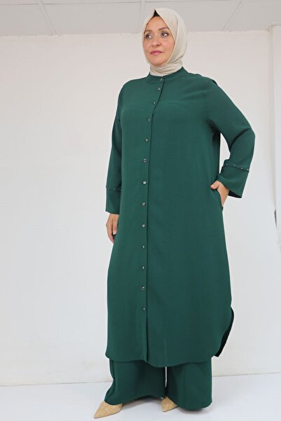 Eslina 57053 Large Size Crepe Suit with Skirt and Oval Trousers - Emerald
