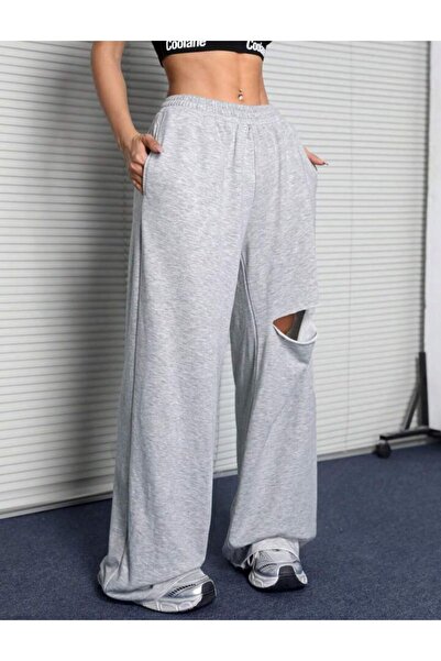 Le Vion Gri Kadın Bol Paça Dizi Yırtık Eşofman Altı Esnek Rahat Bol Kesim
