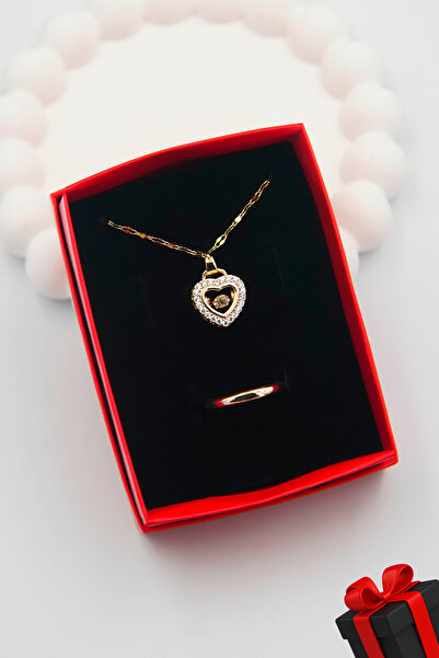 TREND COLLECTİON 316L Çelik Kadın Gold Kolye ve Alyans Yüzük Seti (kutulu)