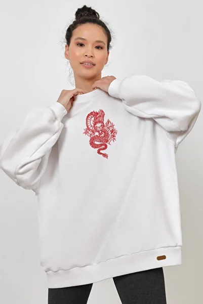 Pisa Art Oversize Front Dragon Printed White Sweatshirt