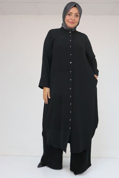 Eslina 57053 Large Size Crepe Suit with Skirt and Oval Trousers - Black