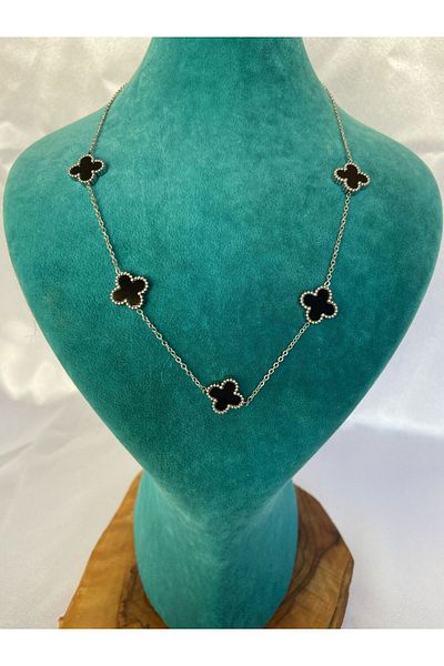 GUNESTAKI Silver Black Clover Model Steel Necklace