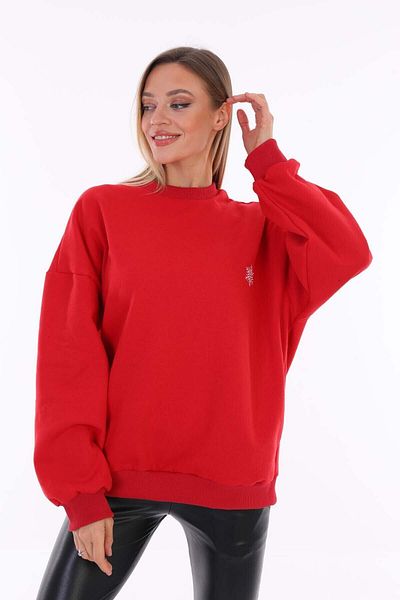 Pisa Art Red Snowflake Embroidered Basic Oversize Women's Sweatshirt with Fleece Inside