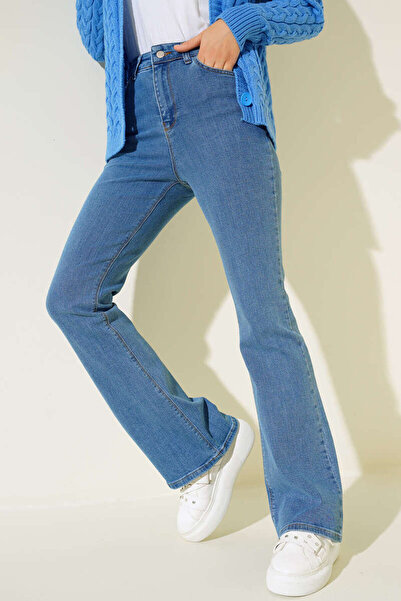 geenz manifacture Orta Mavi Kadın Miya Ispanyol Paça Kot Pantolon Yüksek Bel Jeans Toparlayıcı( Extra Rahat)